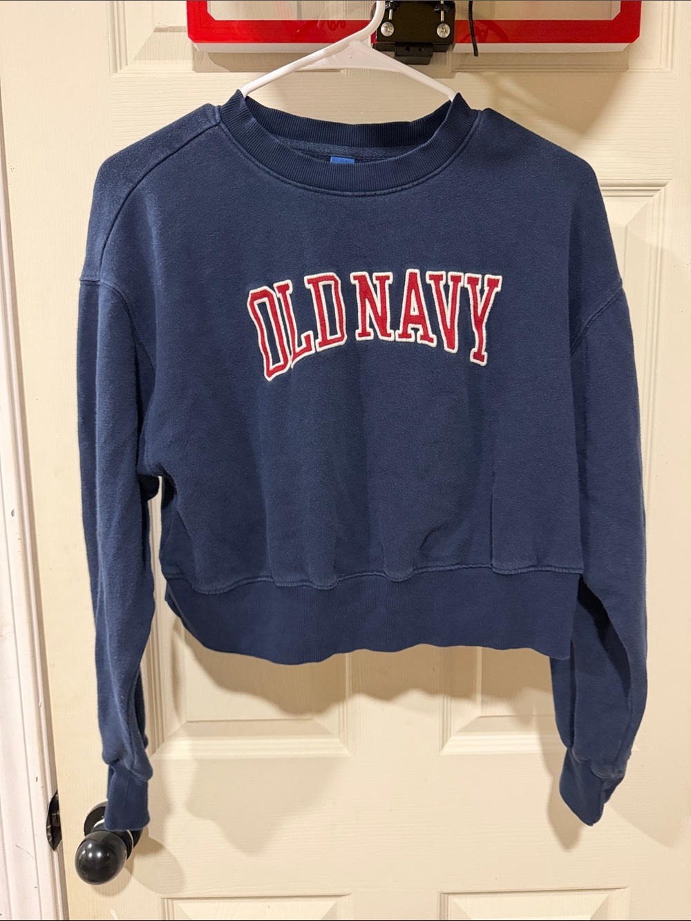 Old Navy Navy Blue Cropped Crewneck Sweatshirt with Red Logo